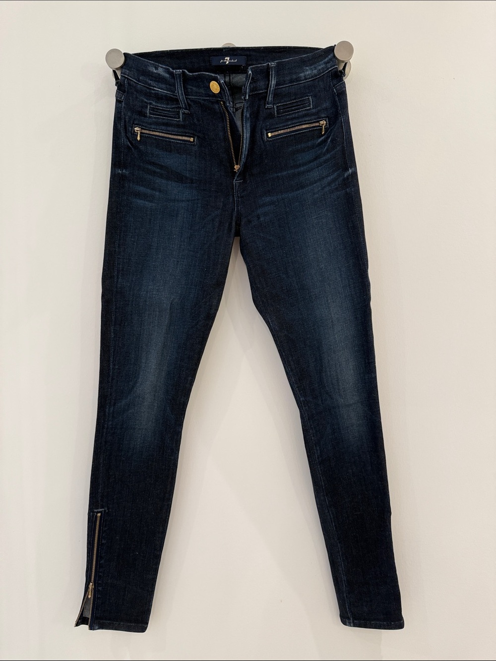 7 For All Mankind Dark Navy Skinny Jeans with Zip Pocket Accents